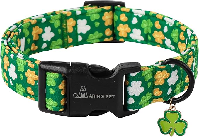 ARING PET St Patrick's Day Dog Collar-Cute Green Clovers Dog Collars, Adjustable Shamrock Pet Collars Trefoil Puppy Collar Gifts with Quick Release Buckle for Girl&Boy Dogs