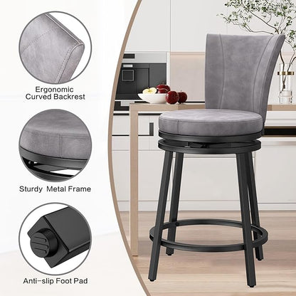 Bar Stools Set of 2, Counter Height Swivel Bar Chair with High Backrest, 24" Round Seat Barstools for Kitchen Island, Pub, Metal Base, Upholstered PU Leather Dining Chairs Grey