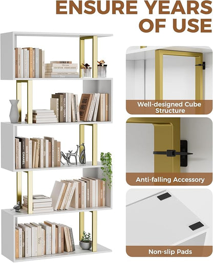 Gadroad 5 Tier Geometric Bookcase,S Shaped Bookshelf, Wood Decorative Storage Shelving, Modern Freestanding Display Shelves, Tall Book Shelf Unit for Living Room Bedroom, Gold