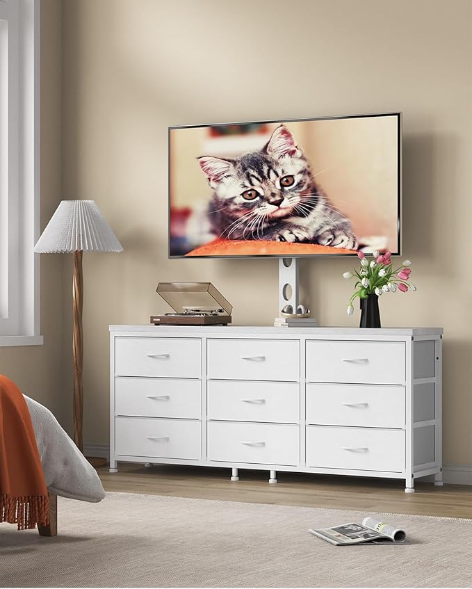 TV Stand with Mount for 32/55/65/75/85 inch TVs, Entertainment Center with 9 Fabric Drawers Dresser Storage, Height Adjustable Media Console