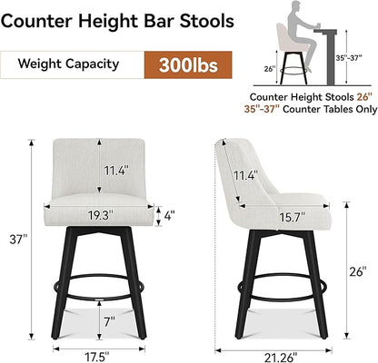 Counter Height Bar Stools Set of 3, Modern Swivel Barstools with Back and Wood Legs, Linen Fabric Upholstered Bar Chairs, 26" H Kitchen Counter Stools, Kitchen Island Home Bar, Ivory