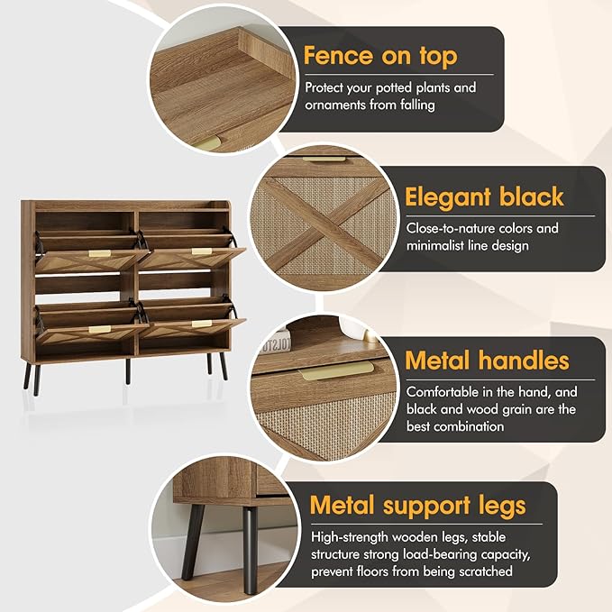 Maupvit Large Shoe Storage Cabinet with 4 Flip Drawers, Narrow Shoe Cabinet for Entryway with Wooden Legs, Freestanding Hidden Shoe Rack Organizer ＆ Metal Hinges, Rustic Oak Rattan