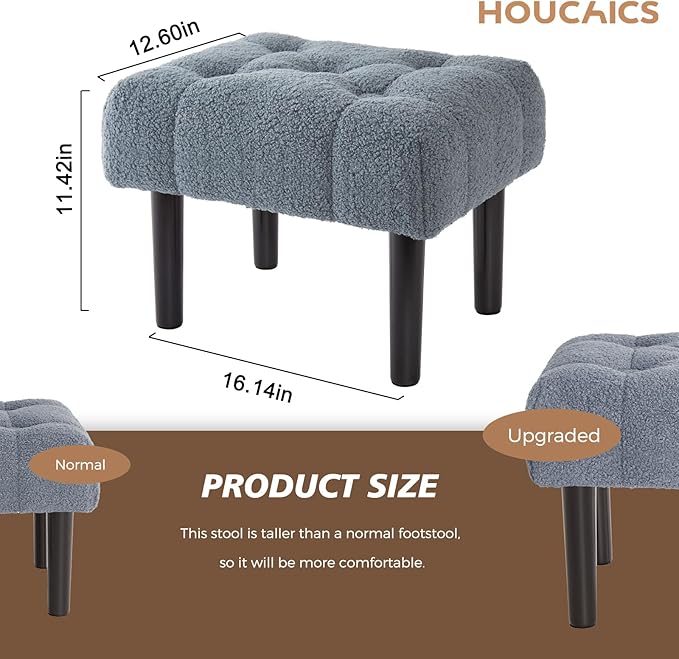 HOUCHICS Fur Padded Foot Stool, Small Ottoman Rest with Wooden Legs, Modern Rectangle Chair Rest for Living Room, Couch, Desk (Grey)