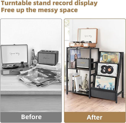 Bikoney Record Player Stand, Turntable Stand with 3-Tier Vinyl Record Storage, Record Player Table Up to 200 Albums, End Table for Records, Vinyl Record Holder