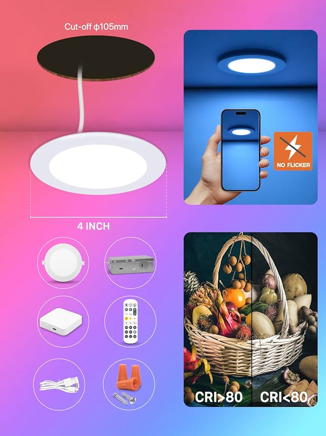 12Pack Smart LED RGB Recessed Lighting 4Inch,Color Changing Canless Downlight,2700K-6500K, 2.4GHz Wi-Fi & Bluetooth,9W 850lm,Works with Tuya App,Alexa & Google Assistant,Gateway Included