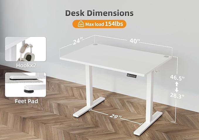 Seang Standing Desk with Adjustable Height, 40x24 Inch Electric Stand Up Desk for Home Office, Studio, Computer Workstation, White Top
