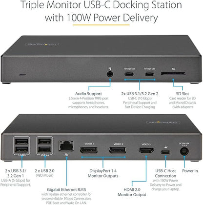 StarTech.com USB C Triple 4K Monitor Docking Station - 100W Power Delivery - DP 1.4 Alt Mode & DSC, 2 DisplayPort/HDMI 2.0-6 USB (2 at 10Gbps), SD - Windows/Chrome (DK31C2DHSPD) - Black & Space Gray