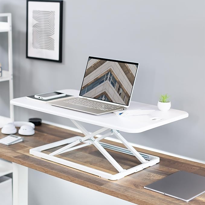VIVO Ultra-Slim 32 Inch Single Top Height Adjustable Standing Desk Riser, Compact Sit Stand Desktop Converter for Monitor or Laptop, White, DESK-V032JW