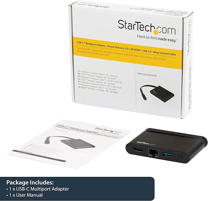 StarTech.com USB C Multiport Adapter with HDMI - 4K - Mac/Windows - 2X USB 3.0 1xC 1xA - 100W PD 3.0 - USB C Adapter - GbE (DKT30CHCPD)