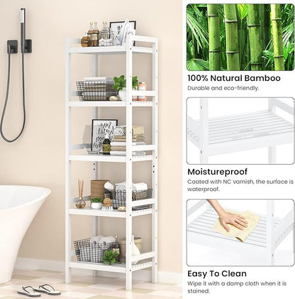 Homykic Bamboo Bookshelf, 5-Tier Narrow 55.9” Adjustable Book Shelf Bookcase Bathroom Shelves Freestanding Storage Stand for Living Room, Bedroom, Kitchen, Rust Resistance, Easy Assembly, White