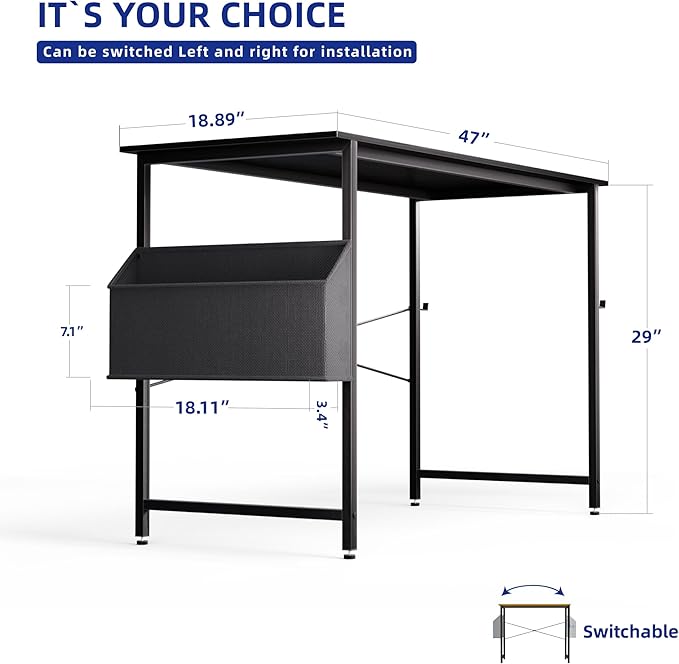Pamray 47 Inch Computer Desk for Small Spaces with Storage Bag, Home Office Work Desk with Headphone Hook, Small Office Desk Study Writing Table