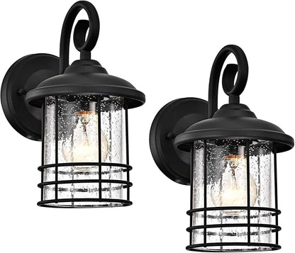 MICSIU 9.8" Textured Black Outdoor Wall Light 2 Pack, 5.5" Wide Exterior Wall Lantern Light with E26 Based Socket, Clear Seedy Glass Exterior Wall Light for House, Entryway, Patio, Garage, Doorway