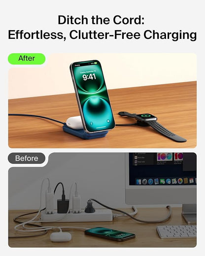 Belkin MagSafe Charger Compatible, 2-in-1 Charging Station, Qi2.2 25W Magnetic Wireless Charger Dock, Foldable Stand, with 5W USB-C Port, for iPhone 17/16/15, Pixel 10, AirPods (45W Adapter Included)