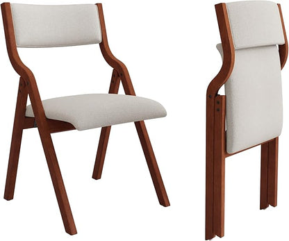 Folding Dining Chairs Set of 2, Upholstered Kitchen Chair with Padded Seat & Backrest, Modern Side-Chair with Wood Legs for Home Office Living Room,No Assembly Needed,Cream White+Cherry