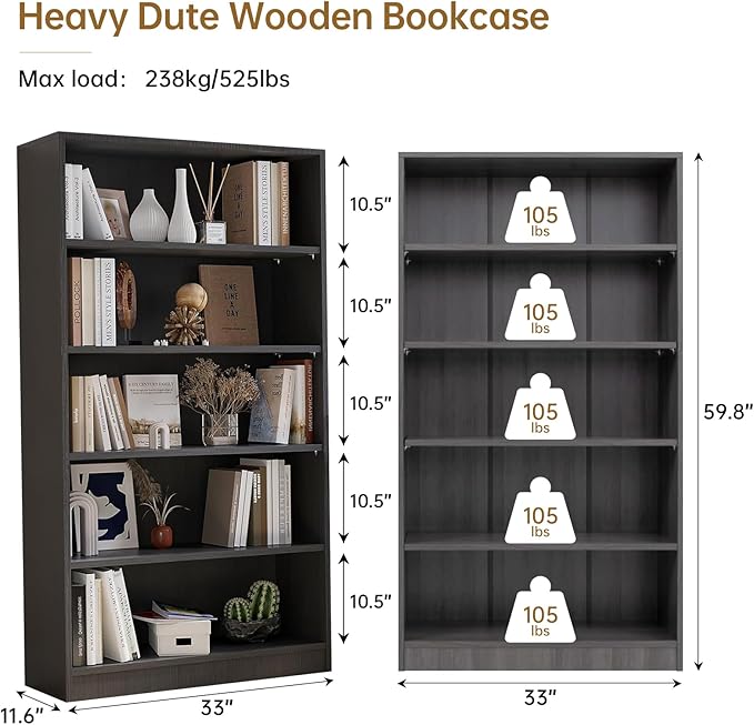 Wooden Bookshelf with Adjustable Shelves, 5 Tier Tall Bookcase for Living Room, Office or Small Spaces,Heavy Dute Bookshelves Storage Organizer, Manga Bookshelf for Collectors,60 Inch,Gray
