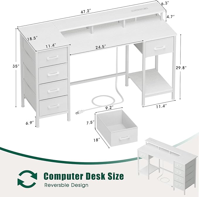 47 Inch Computer Gaming Desk with Power Outlets LED Lights Reversible Home Office with Adjustable Fabric Storage Drawers for Working Writing Study, White