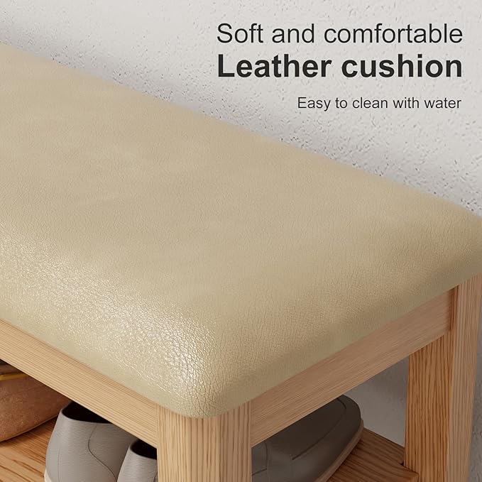 Wood Shoe Rack Bench for Entryway, Shoe Rack for Front Door Entrance with Leather Cushion, 2 Tier Shoe Bench with Shoe Storage for Entryway, Bedroom.