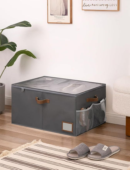 StorageWorks Shoe Organizer for Closet, Fits up to 20 Pairs, Shoe Cubby Storage Containers with Side Mesh Pocket and Clear Cover, Grey