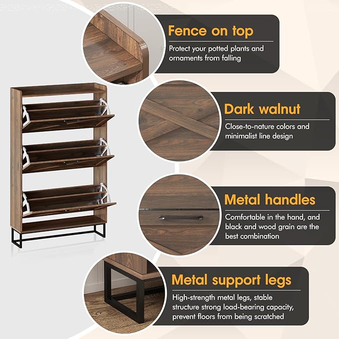 Maupvit Shoe Storage Cabinet with 3 Flip Drawers, Freestanding Organizer with Metal Legs for Entryway, Narrow Shoe Rack Cabinet, Dark Walnut