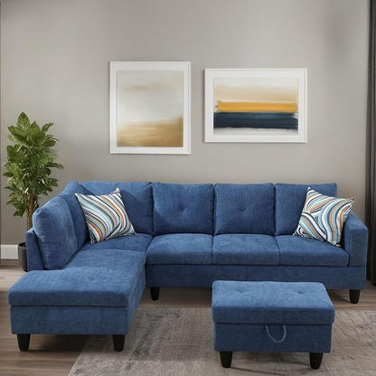 L Shaped Sectional Couches for Living Room, Modular 4 Seat Sofa with Ottoman Storage, Modern Couch with Chaise for Bedroom Apartment Furniture, Blue