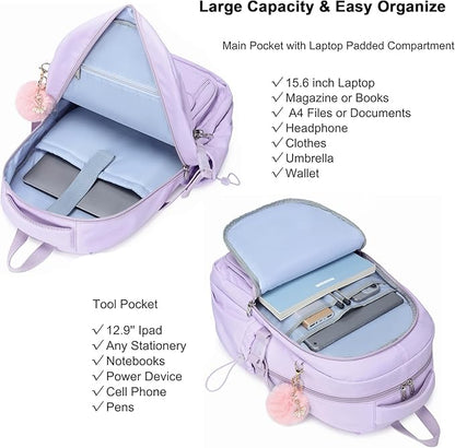 School Bag for Teens Girls,Girls Backpack Set,3 PCS Kids Backpack for Women,15.6 Inch Laptop Middle High School College Student Casual Travel Daypack with Lunch Box Pencil Pouch Set(Purple)