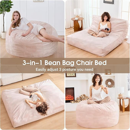 Bean Bag Chairs for Adults - Giant Bean Bag Chair Convertible Bean Bag Bed - Beanbag Chair with Micro Fiber Cover/Furniture Foam Filler - Floor Couch Sofa in Bedroom Dorm Room - Queen Pink