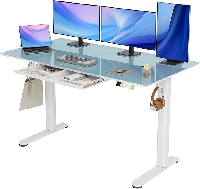 INNOVAR Glass Standing Desk with Drawers, Adjustable Height Stand Up Desk, Electric Standing Desks with Storage, 55 inch, Morandi Blue