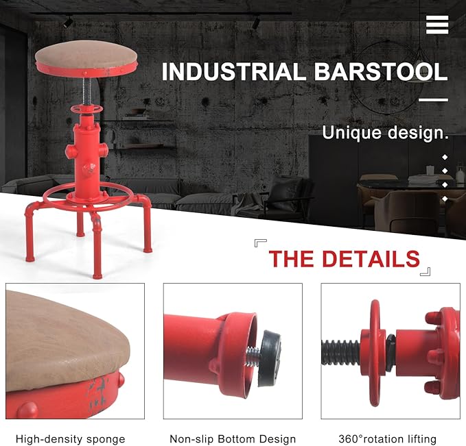 Topower Antique Vintage Industrial Barstool PU Leather Water Pipe Fire Hydrant Design Cafe Coffee Industrial Bar Stool Set of 2 Antique Red