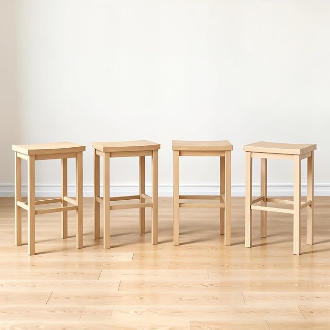 Grain & Grove Smith Collection Set of 4 Solid Wood Bar Stools, 30 inch Saddle-Seat Bar Chairs, Backless, Heavy-Duty Construction, Footrest Support, for Kitchen Islands, Home Bars, and Counters, Blonde
