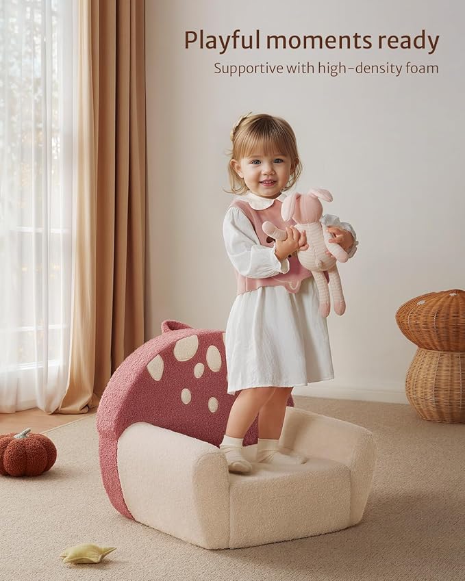 Blissful Diary Toddler Chair Comfy, Foam Kids Chair with Soft Teddy Plush, Toddler Reading Armchair with Cute Mushroom Designs- Rusty Red