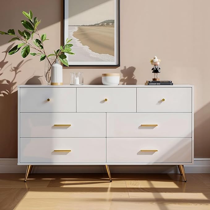 7 Drawer Dresser for Bedroom - White & Gold Chest of Drawers, High Gloss MDF Organizer Storage with Drawers with Golden Handles, Wide Storage Dresser for Bedroom