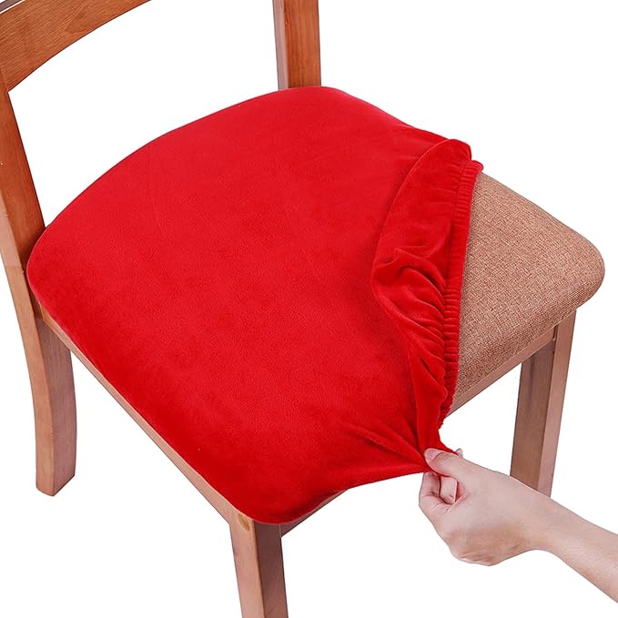 Smiry Velvet Seat Covers for Dining Room Chair Set of 6, Stretch Fit Removable Washable Chair Seat Cushion Protector Slipcovers with Ties, Red