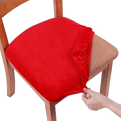 Smiry Velvet Seat Covers for Dining Room Chair Set of 6, Stretch Fit Removable Washable Chair Seat Cushion Protector Slipcovers with Ties, Red