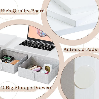 TEAMIX Dual Monitor Stand Riser - Length and Angle Adjustable White Monitor Stand with 2 Drawers to Storage Large Computer Riser for 2 Monitors/Laptop/PC, Wood Screen/TV Stand Desk Organizer (White)