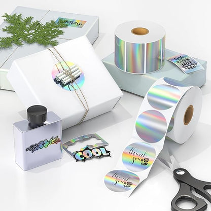 MUNBYN 2.25"x1.25" Holographic Thermal Sticker Labels Silver, Color Self-Adhesive Stickers Label, Glitter Thermal Printer Label for DIY Logo Design, QR Code, Name Tag,500 Sheets/1 Roll