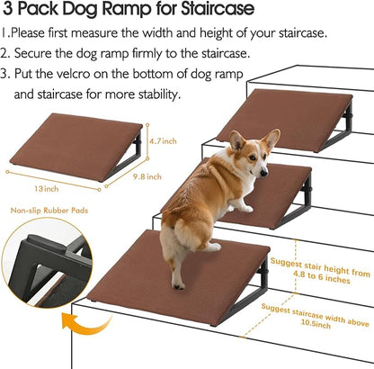 Dog Ramps for Stairs, 3 Pack Pet Ramp Stairs for Small Medium Dogs, Non-Slip Dog Pet Steps for Any Staircase with Anti-Slip Strip, Stair Ramp for Injured Elder Dogs/Cats (Brown, 3 Pack)