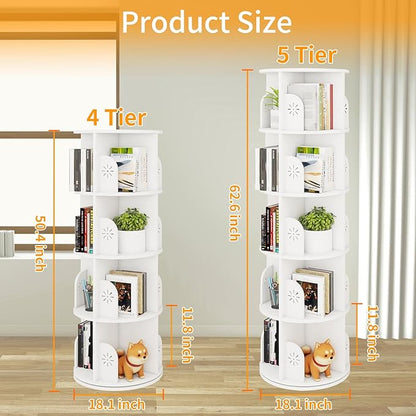 Hestiasko 5 Tier Rotating Bookshelf, 360 Rotating Bookcase, Spinning Bookshelf Tower for Kids & Adults, Corner Book Shelf for Small Space, Revolving Bookcase for Bedroom, Living Room, White