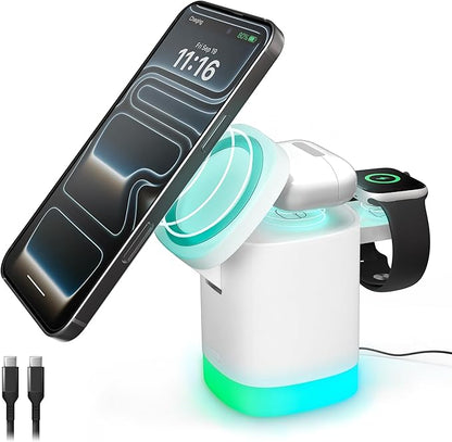 iHome 3-in-1 Wireless Charging Stand, 15W Fast Charge, LED Light, MagSafe Compatible, Foldable Design