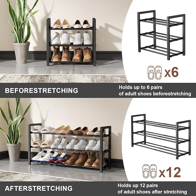3-Tier Expandable Shoe Rack, Adjustable Shoe Shelf Storage Organizer Heavy Duty Metal Free Standing Shoe Rack for Entryway Closet Doorway (Black)