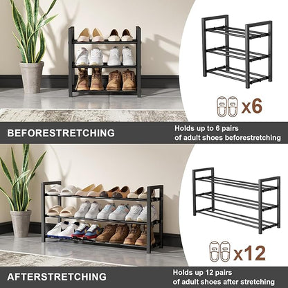 3-Tier Expandable Shoe Rack, Adjustable Shoe Shelf Storage Organizer Heavy Duty Metal Free Standing Shoe Rack for Entryway Closet Doorway (Black)