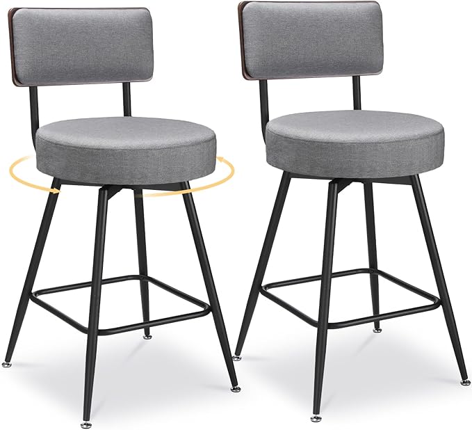 Counter Height Bar Stools, 25" Swivel Bar Stools Set of 2, Round Swivel Bar Chair, Fabric Upholstered Barstools with Metal Leg, Stool for Kitchen Counter Island, Dark Grey