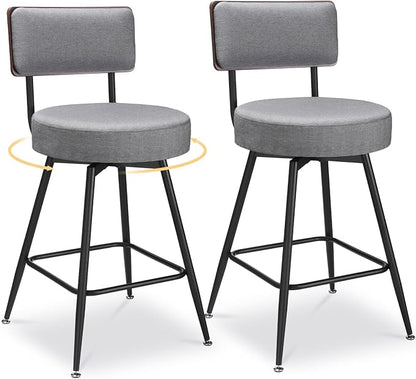 Counter Height Bar Stools, 25" Swivel Bar Stools Set of 2, Round Swivel Bar Chair, Fabric Upholstered Barstools with Metal Leg, Stool for Kitchen Counter Island, Dark Grey