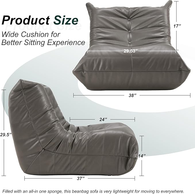 Hobestluk Giant Bean Bag Chair Lazy Floor Sofa, Memory Foam Fireside Sofa for Adults, Big Beanbag Faux Leather Armless Chair for Living Room Bedroom Dorm Office (Grey, Single)