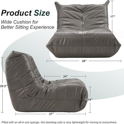 Hobestluk Giant Bean Bag Chair Lazy Floor Sofa, Memory Foam Fireside Sofa for Adults, Big Beanbag Faux Leather Armless Chair for Living Room Bedroom Dorm Office (Grey, Single)