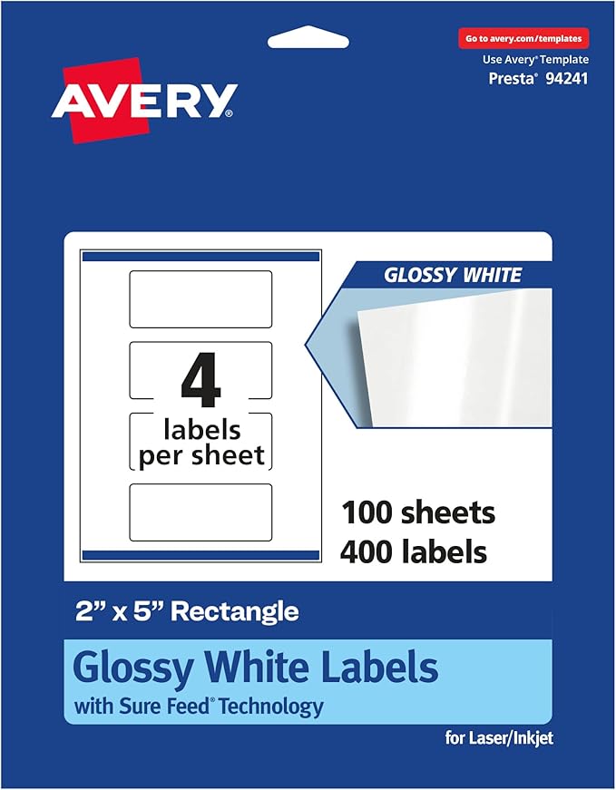 Avery Glossy White Rectangle Labels, Sure Feed Technology, 2" x 5", 400 Glossy White Labels, Print-to-The-Edge, Permanent Adhesive, Laser/Inkjet Printable