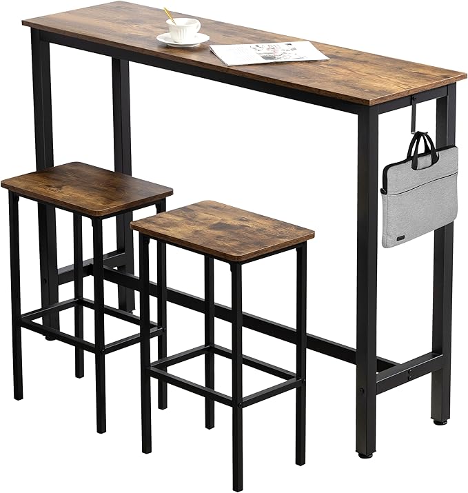 Finnhomy 52.7" Industrial Bar Table Set with 2 Stools - Counter Height Dining & Pub Table for Small Spaces, Kitchen, Apartment, Breakfast Nook - Metal & Wood, Space-Saving Furniture - Rustic Brown