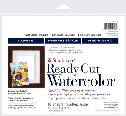 Strathmore 140-208 Ready Cut Watercolor, Cold Press, 8" x 10", White, 10 Sheets