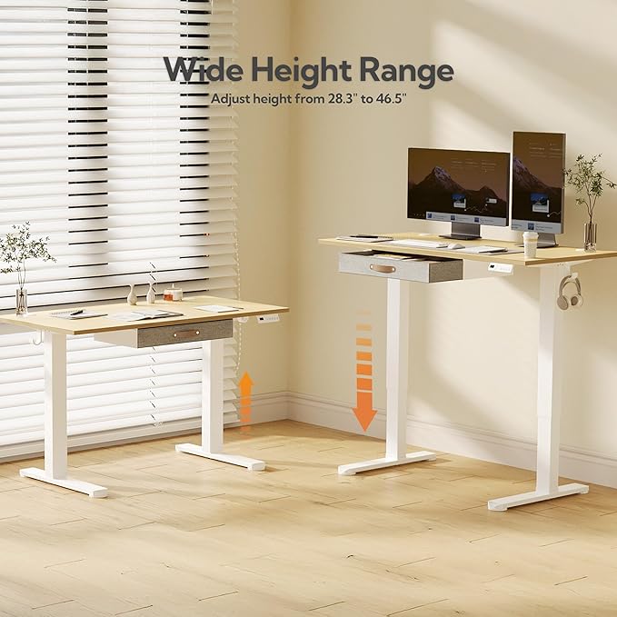 Seang Standing Desk with Drawer, 55" x 24" Height Adjustable Stand Up Desk, 3 Memory Height Settings with Cable Grommets & Storage Hooks, Ideal for Home & Office, Nature