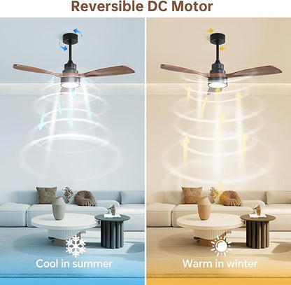 CACI Mall 48 inch Ceiling Fans with Lights, Smart Indoor/Outdoor Ceiling Fan, Remote Control, Compatible with Alexa/Google, Small 3 Blade Solid Wood Ceiling Fans for Bedroom Patio