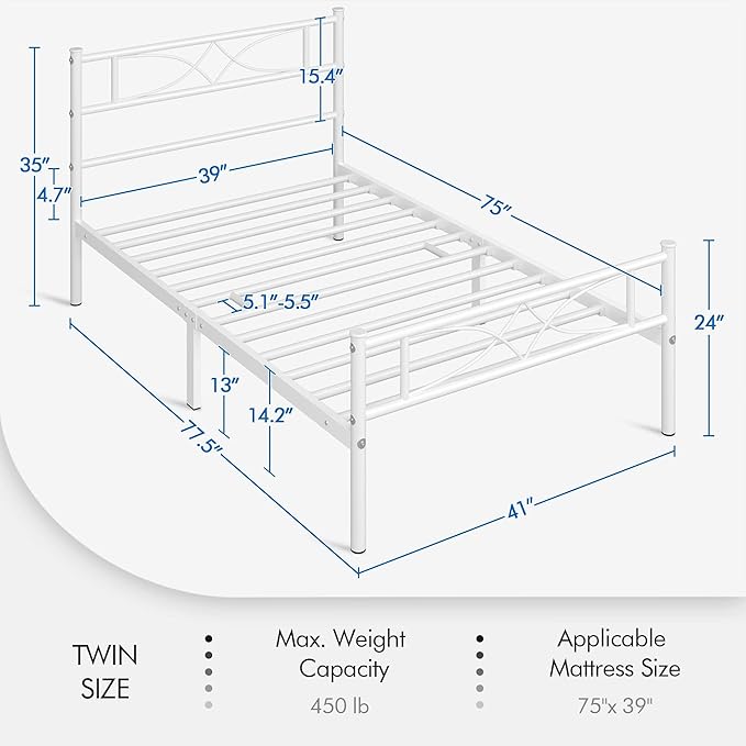 Yaheetech Metal Twin Size Bed Frame, Platform Bed Frame, Mattress Foundation with Curved Design Headboard & Footboard, NO Box Spring Needed, Heavy-Duty Support, Easy Assembly, Twin, White